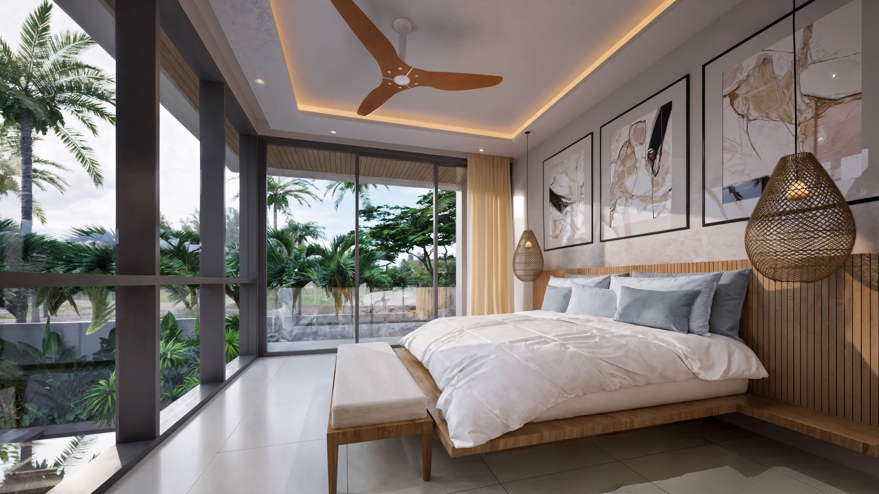 Guest bedroom with garden and pool view